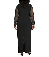 Marina Plus Size Boat Neck Long Beaded Sleeve Elastic Cuff Back Slit Matte Jersey Gown