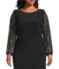 Marina Plus Size Boat Neck Long Beaded Sleeve Elastic Cuff Back Slit Matte Jersey Gown