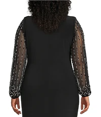 Marina Plus Size Boat Neck Long Beaded Sleeve Elastic Cuff Back Slit Matte Jersey Gown