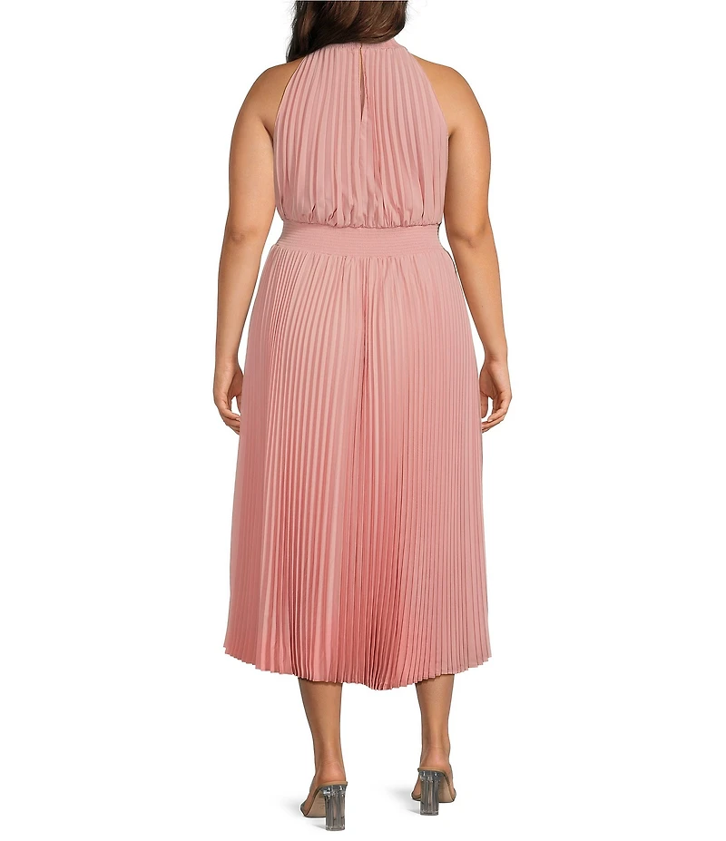 Marina Plus Size Halter Mock Neck Smocked Pleated Crepe Chiffon A-Line Midi Dress