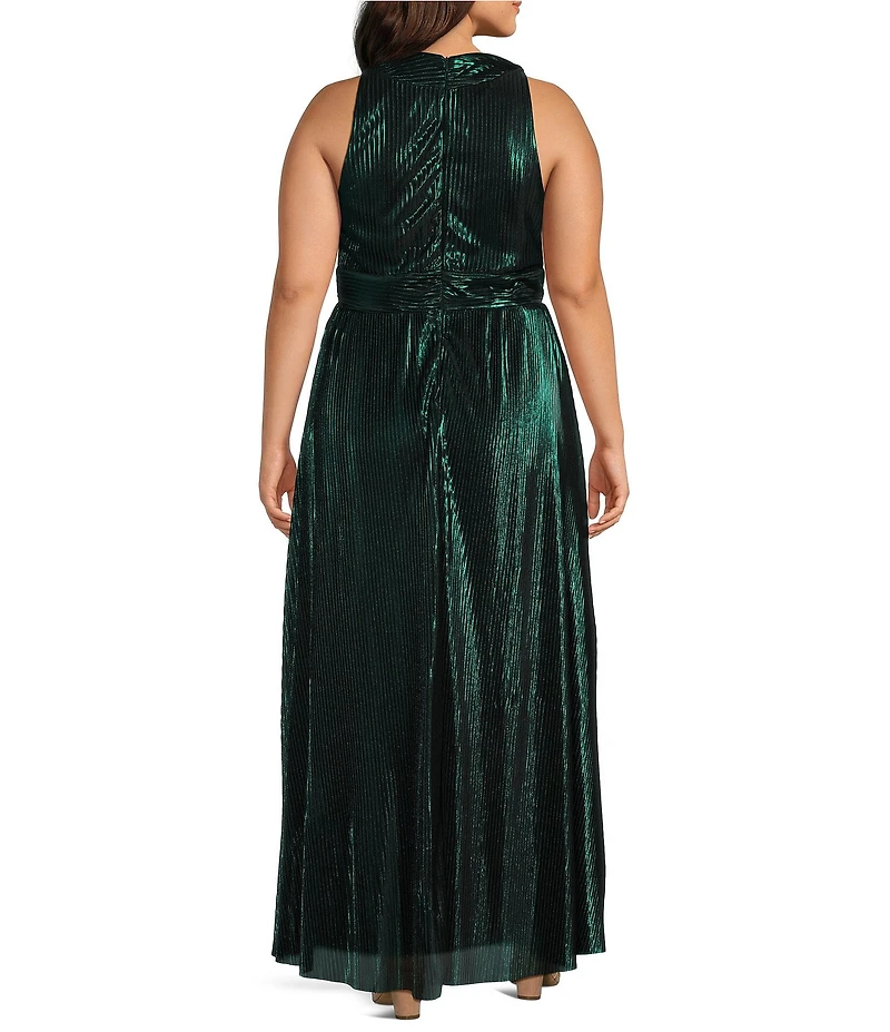 Marina Plus Size Halter V-Neck Sleeveless Foil Pleated Gown