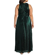 Marina Plus Size Halter V-Neck Sleeveless Foil Pleated Gown