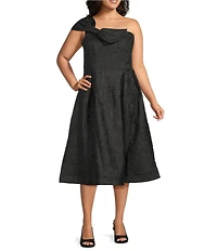 Marina Plus Size Jacquard Brocade Bow One Shoulder Sleeveless Midi Gown