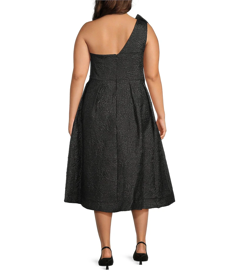 Marina Plus Size Jacquard Brocade Bow One Shoulder Sleeveless Midi Gown