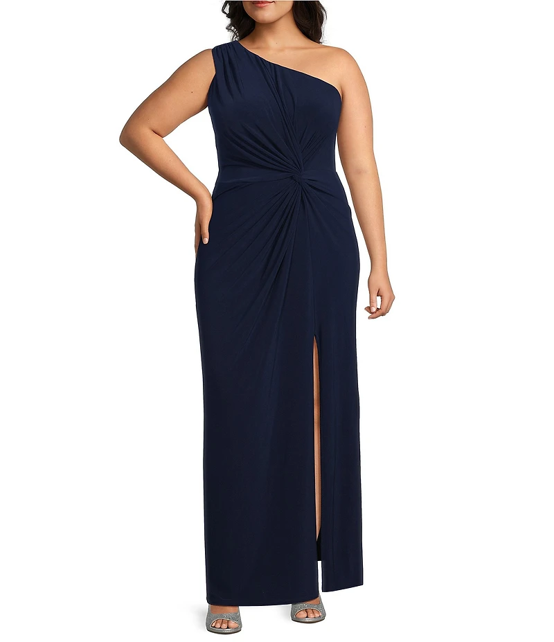 Marina Plus Size Knot Front One Shoulder Sheath Dress