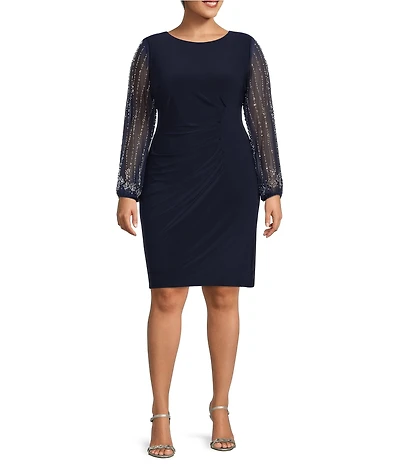 Marina Plus Size Long Beaded Sleeves Round Neck Jersey Sheath Dress