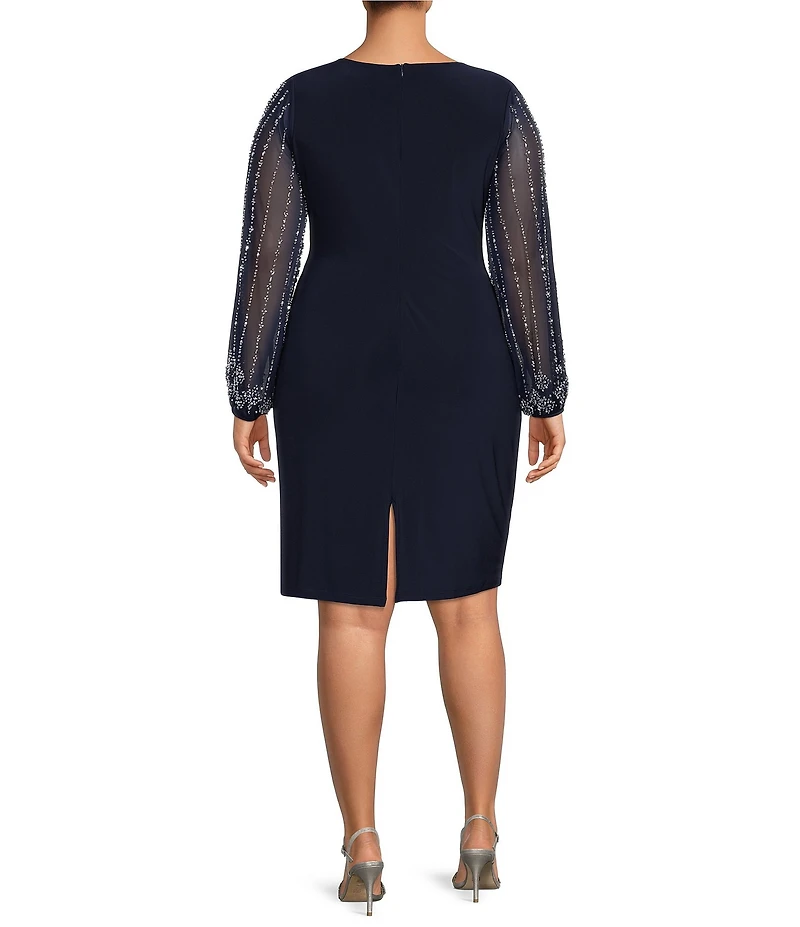 Marina Plus Size Long Beaded Sleeves Round Neck Jersey Sheath Dress