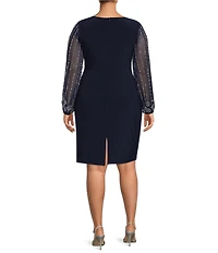 Marina Plus Size Long Beaded Sleeves Round Neck Jersey Sheath Dress