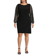 Marina Plus Size Long Beaded Sleeves Round Neck Jersey Sheath Dress