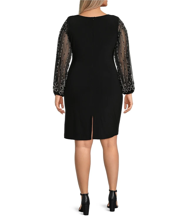 Marina Plus Size Long Beaded Sleeves Round Neck Jersey Sheath Dress |  Liberty Center