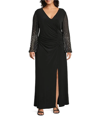 Marina Plus Size Mesh Beaded Puff Long Sleeve Gown