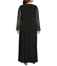 Marina Plus Size Mesh Beaded Puff Long Sleeve Gown