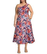 Marina Plus Size One Shoulder Floral Stretch Taffeta Dress