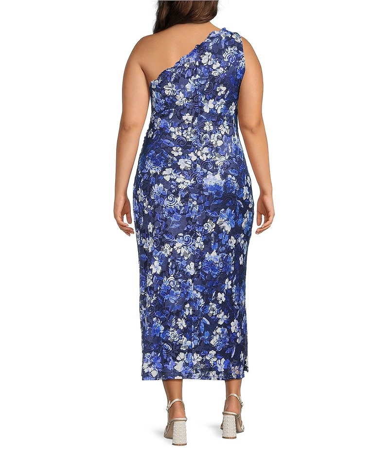 Marina Plus Size One Shoulder Sleeveless Floral Lace Sheath Dress