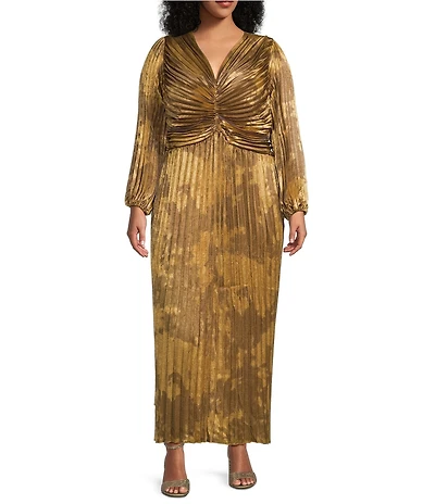 Marina Plus Size Printed Foil Long Puff Sleeve V-Neck Pleated Dress