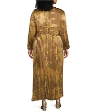 Marina Plus Size Printed Foil Long Puff Sleeve V-Neck Pleated Dress