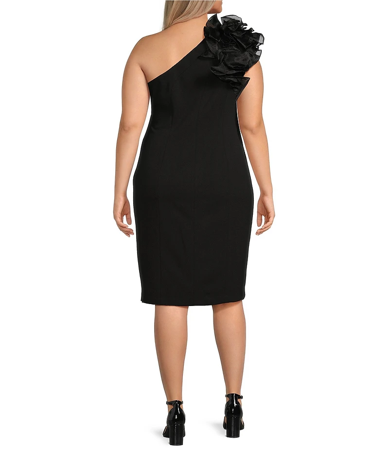 Marina Plus Size Ruffle One Shoulder Sleeveless Scuba Crepe Sheath Dress