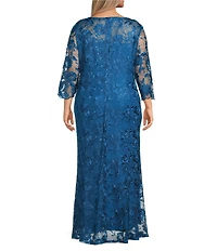 Marina Plus Size Sequin Embroidered Mesh Lace 3/4 Sleeve Gown