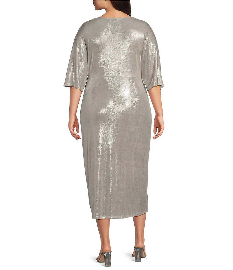 Marina Plus Size Short Sleeve Ribbed Knot Long Foil Midi Dress