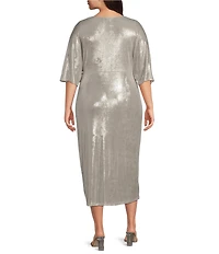 Marina Plus Size Short Sleeve Ribbed Knot Long Foil Midi Dress