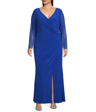 Marina Plus Size Side Slit Beaded Sleeve Dress