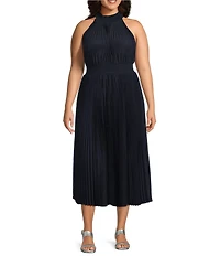 Marina Plus Size Sleeveless Halter Mock Neck Smocked Pleated Crepe Chiffon A-Line Maxi Dress