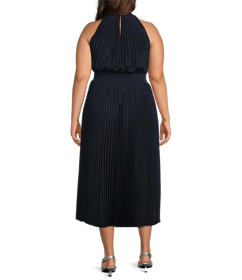 Marina Plus Size Sleeveless Halter Mock Neck Smocked Pleated Crepe Chiffon A-Line Maxi Dress