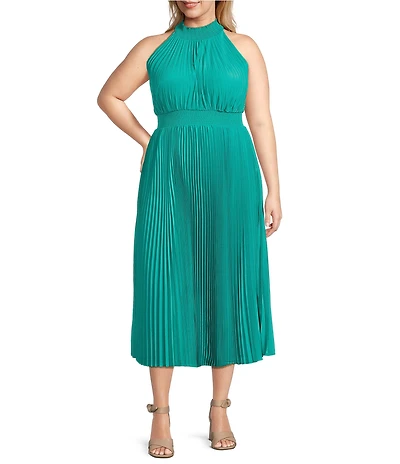 Marina Plus Size Sleeveless Halter Mock Neck Smocked Pleated Crepe Chiffon A-Line Maxi Dress