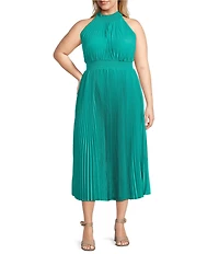 Marina Plus Size Sleeveless Halter Mock Neck Smocked Pleated Crepe Chiffon A-Line Maxi Dress