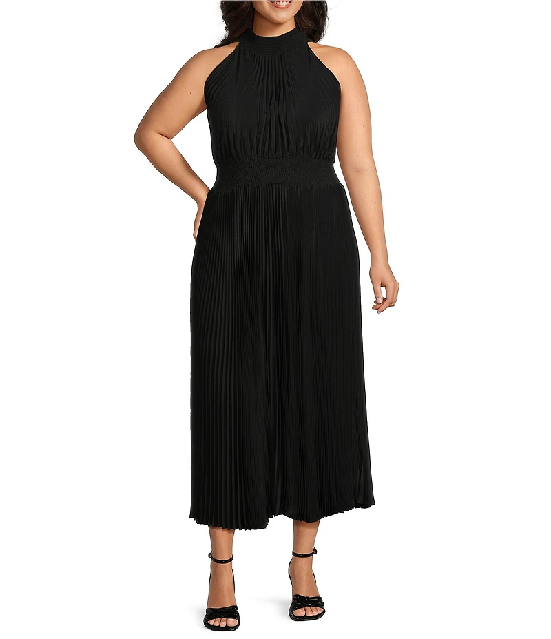 Marina Plus Size Sleeveless Halter Mock Neck Smocked Pleated Crepe Chiffon A-Line Maxi Dress