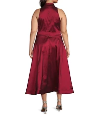 Marina Plus Size Stretch Taffeta Point Collar Sleeveless Button Front A-Line Midi Dress