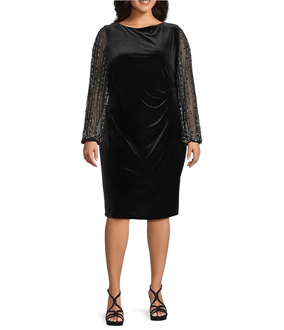 Marina Plus Size Stretch Velvet Beaded Long Sleeve Pleated Side Dress