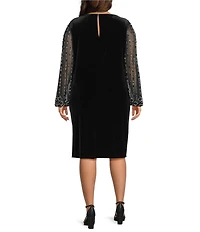 Marina Plus Size Stretch Velvet Beaded Long Sleeve Pleated Side Dress