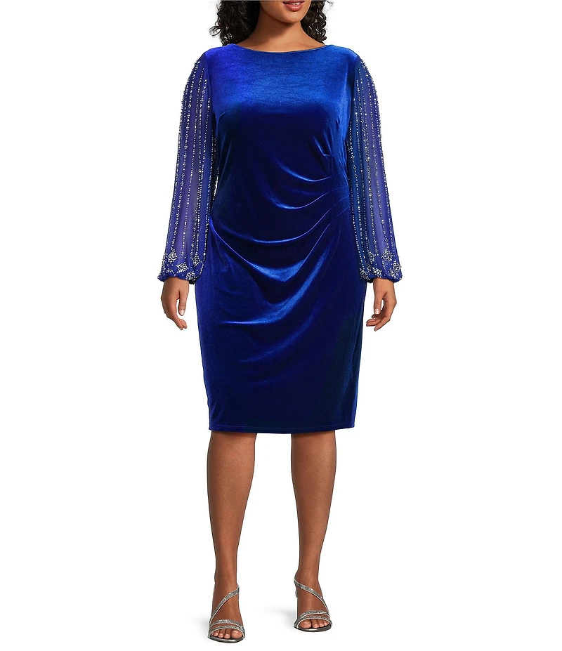 Marina Plus Size Stretch Velvet Beaded Long Sleeve Pleated Side Dress