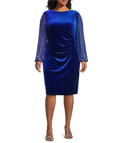 Marina Plus Size Stretch Velvet Beaded Long Sleeve Pleated Side Dress
