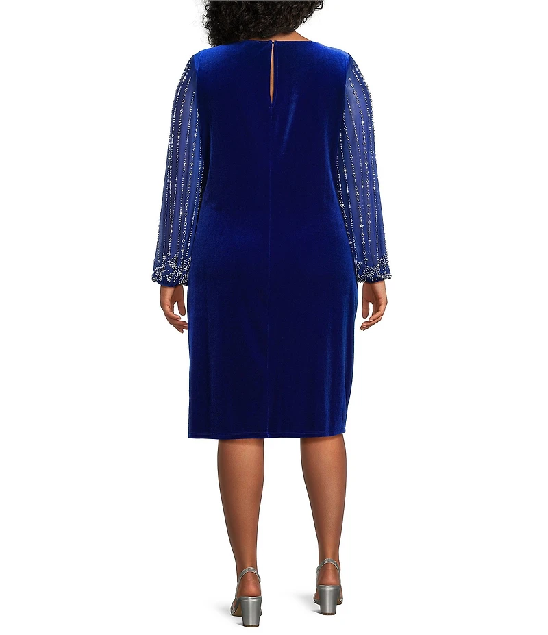 Marina Plus Size Stretch Velvet Beaded Long Sleeve Pleated Side Dress