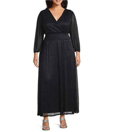 Marina Plus Size V Neck 3/4 Sleeve Smock Waist Mini Pleat Metallic Dress