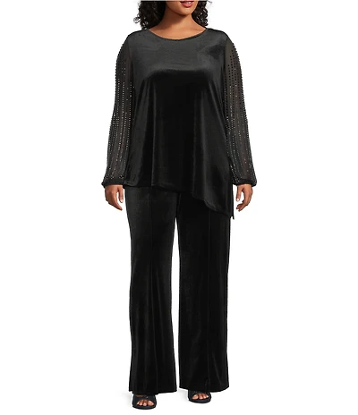 Marina Plus Size Velvet 2-Piece Beaded Long Sleeve Pant Set