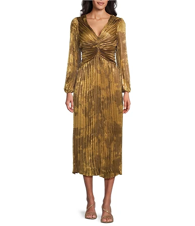 Marina Printed Foil Long Sleeve V-Neck Pleated Dress
