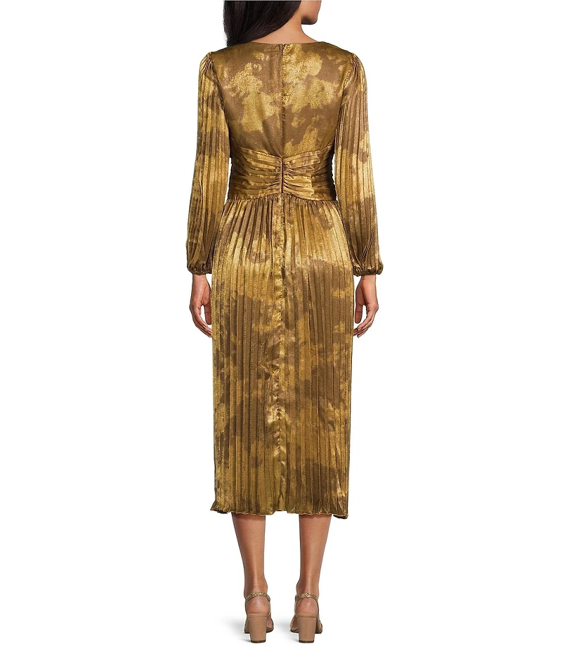 Marina Printed Foil Long Sleeve V-Neck Pleated Dress