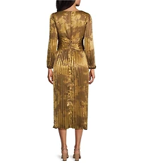 Marina Printed Foil Long Sleeve V-Neck Pleated Dress