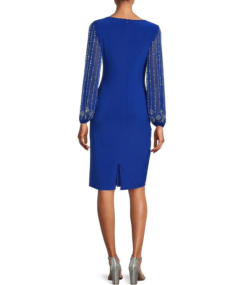 Marina Round Neck Beaded Lace Long Sleeve Side Drape Sheath Dress