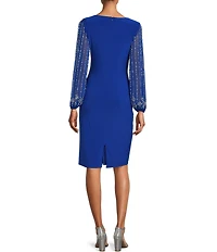 Marina Round Neck Beaded Lace Long Sleeve Side Drape Sheath Dress