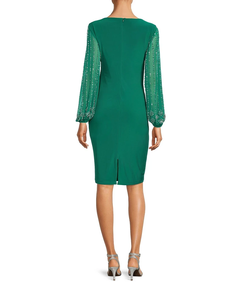Marina Round Neck Beaded Lace Long Sleeve Side Drape Sheath Dress