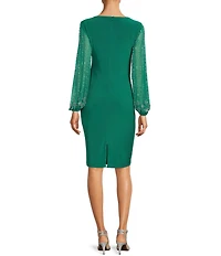 Marina Round Neck Beaded Lace Long Sleeve Side Drape Sheath Dress