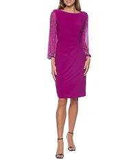 Marina Round Neck Beaded Lace Long Sleeve Side Drape Sheath Dress