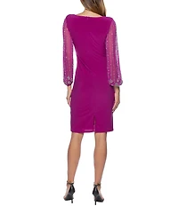 Marina Round Neck Beaded Lace Long Sleeve Side Drape Sheath Dress