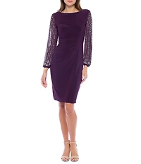 Marina Round Neck Beaded Lace Long Sleeve Side Drape Sheath Dress