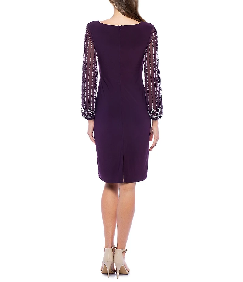 Marina Round Neck Beaded Lace Long Sleeve Side Drape Sheath Dress