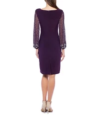 Marina Round Neck Beaded Lace Long Sleeve Side Drape Sheath Dress